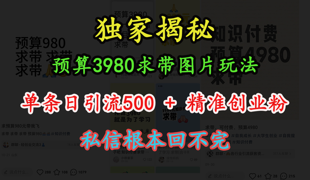 「小红书」预算3980求带 图片玩法，单条日引流500+精准创业粉，私信根本回不完-明哥网创资源